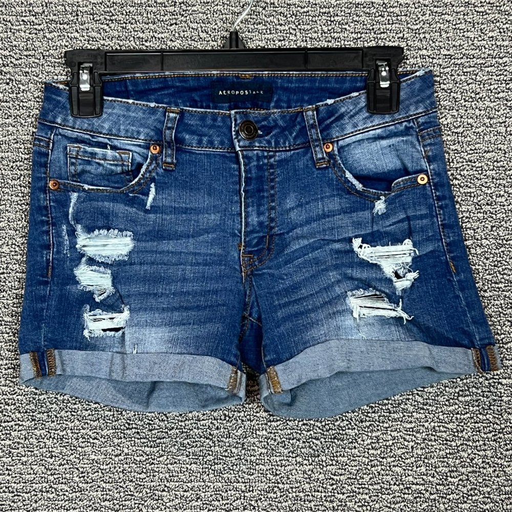 Aeropostale Midi Shorts Women's Size 2 Blue Low Rise Distressed Cuffed Denim
